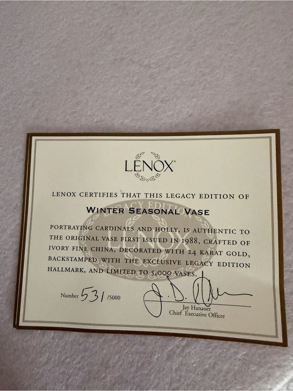 Lenox Legacy Edition Winter Seasonal Vase Cardinals & Holly Limited Edition COA